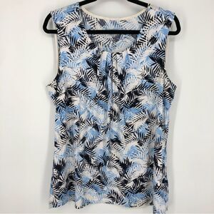 Christopher & Banks Sleeveless Shirt Womens Large Blue Banana Leaf‎ Palm Leaf